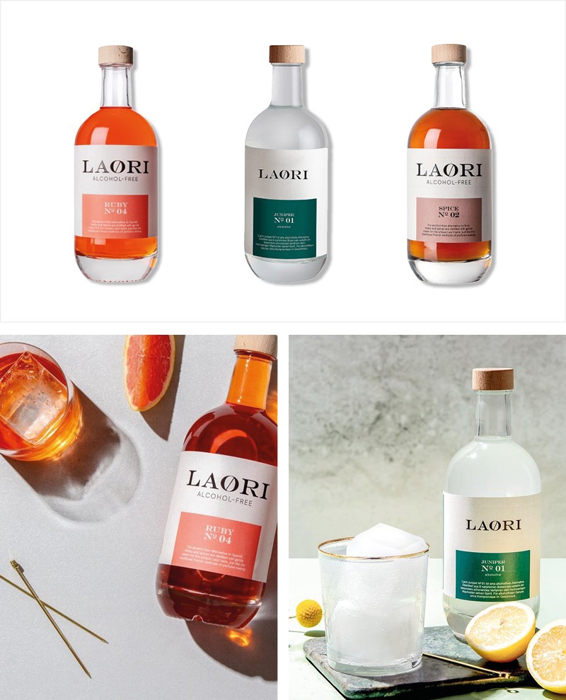 Collage mit Bildern von alkoholfreien Produkten von Laori
